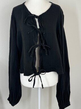 Boheme Black Tie Front Top Linen Long Sleeve Black Size 3 Bohemian